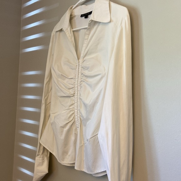 Lafayette 148 New York White Ruched Front Button Hook Collar Shirt Sz 8 - Picture 2 of 6
